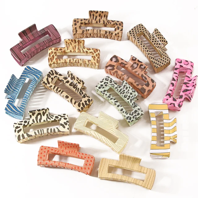 Plastic Large Square Leopard Pince A Cheveux Shark Hair Claw 10.5cm Translucent Hollow Clamps Clips For Girl Hair Clip For Women