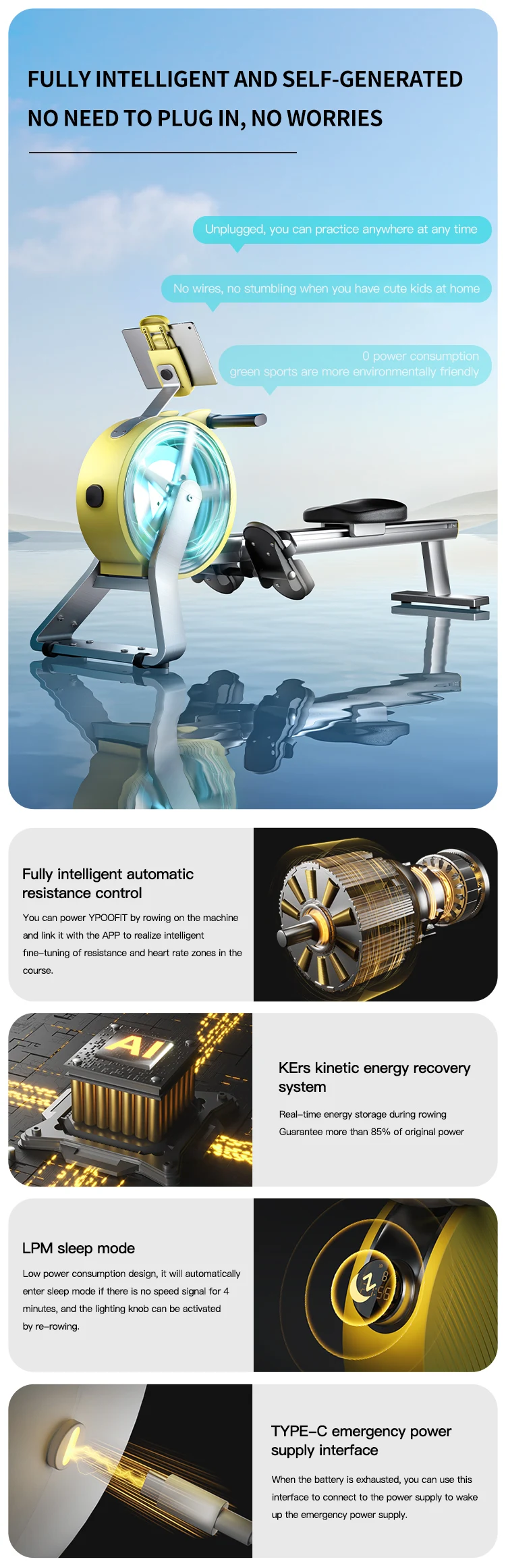 Ypoo Selfgenerating Electricity Alloy Track Rowing Machine With