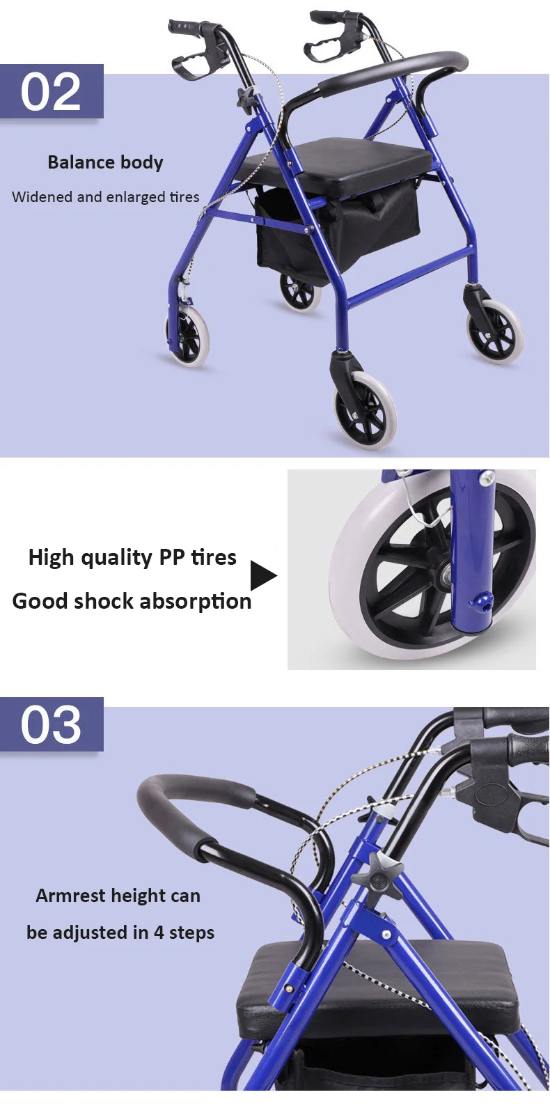 adult manual adjustable height four wheels folding aluminum mobility drive medical forearm walker rollator with seat supplier