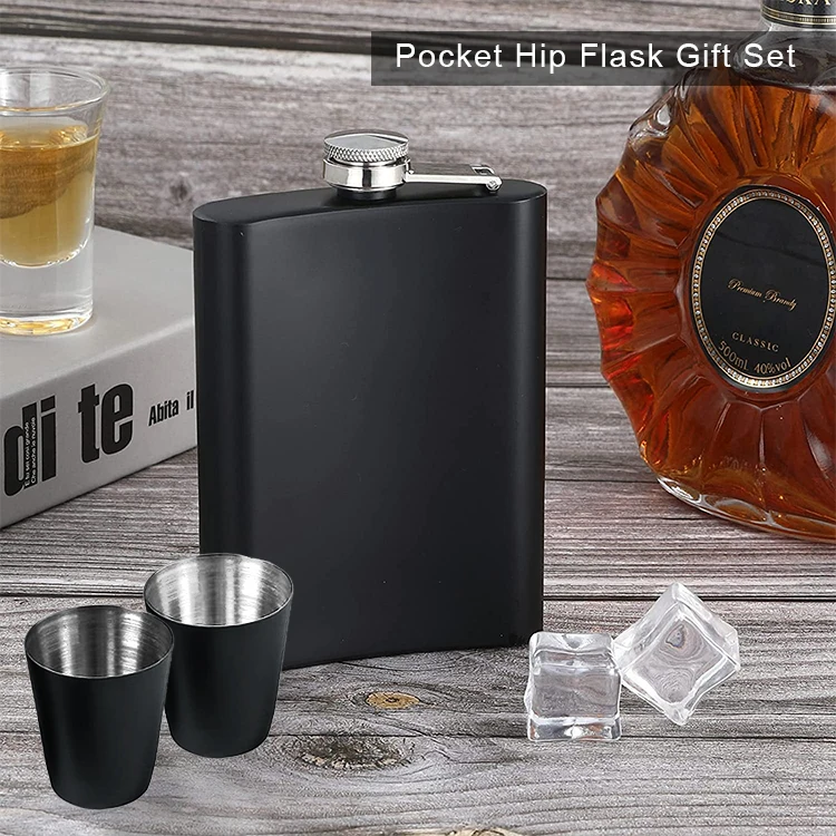 Wholesale Customize Black Metal 8oz Whiskey Food Grade Stainless Steel Hip Flask T Set And 5995