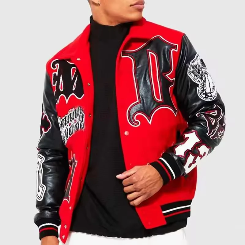Manufacturers Custom Clothes Hip Hop Patch Applique Embroidery Leather Chenille Bomber Jacket for Men