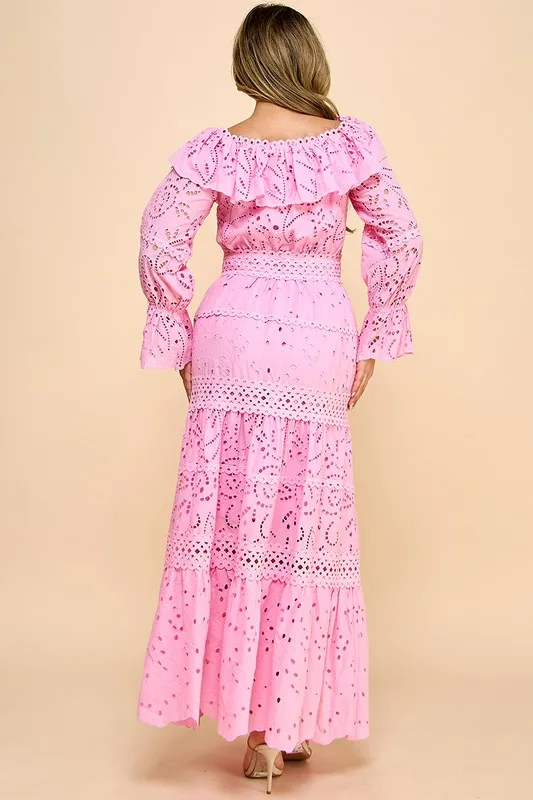 A Long Dress For Women Featuring Embroidered Cut-out Fabric, Multi-layered Lace, Ruffle Details, And A One-shoulder Neckline. - Image 3