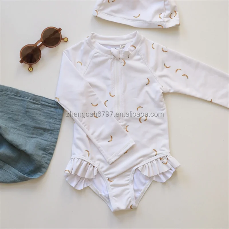 Fashion Cute One Piece Lovely Baby Girls Swimwear Zipper Swimsuit Custom Print Kids Long Sleeve