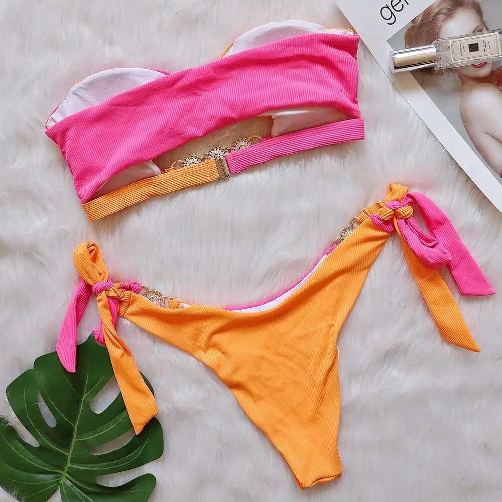 Ruiyi Ribbed Bikini Set Strapless Lace Up Two Piece Swimsuit Custom ...