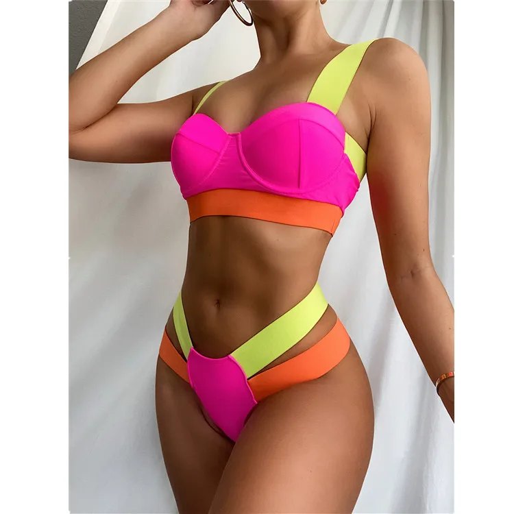 2022 Patchworks Contrast Color Bikini Swimsuit Women Swimwear Bandage 3391