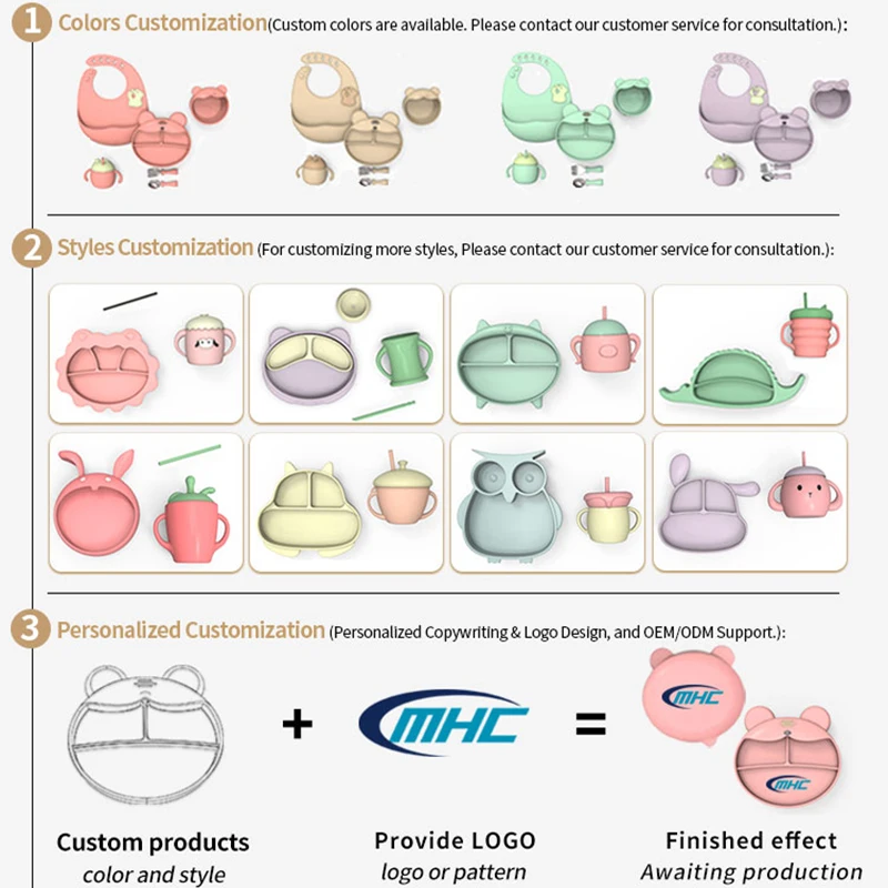 MHC Custom Newborn Dinner Set Waterproof Silicone Suction Bowl Spoon Ceramic Plate Kid-Friendly Food Grade Baby Set Box
