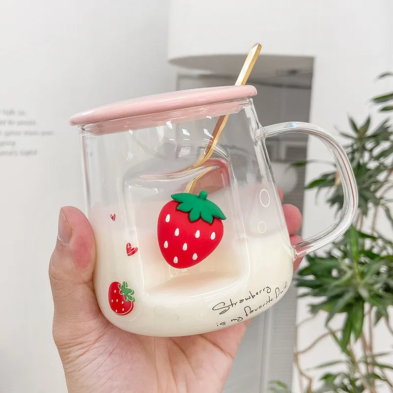 JHNIF 10 oz Lovely Strawberry Clear Glass Mug with Lid and Straw.