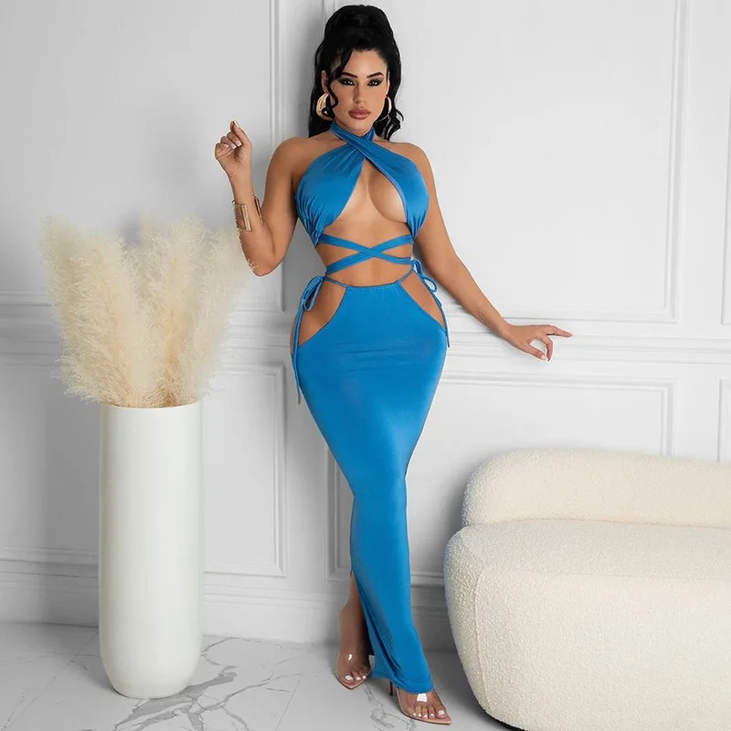 Women Halter Crossover Front  Top and Long Skirts Dress 2021 Women 2 Pieces Long Bandage Skirt Set