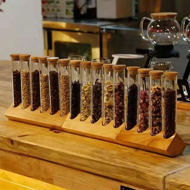 木製コーヒー豆フラワーティーディスプレイラックスタンド（ガラス試験
