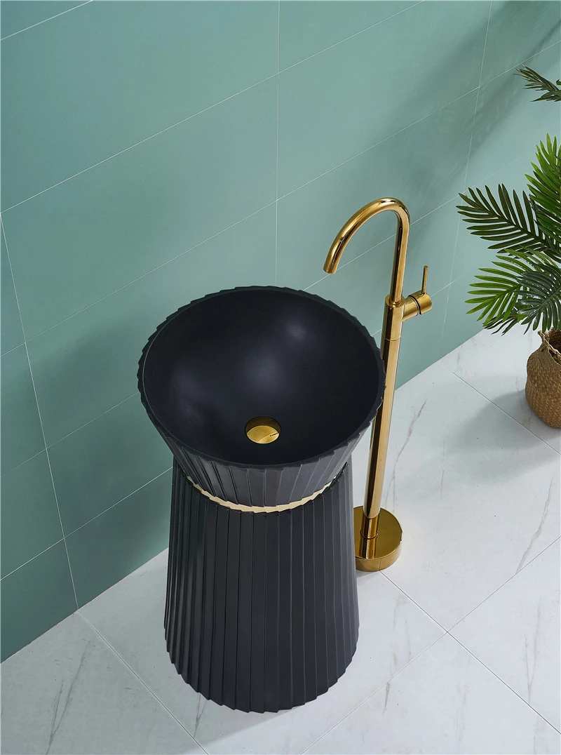 Hotel luxury black artificial stone one piece good quality bathroom freestanding pedestal sink hand wash basin details