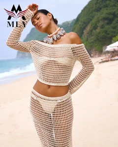 Summer Two Piece Swimwear Beachwear Knitted Crochet Mesh Long Sleeve Maxi Swimsuit Cover Ups Beach Dress