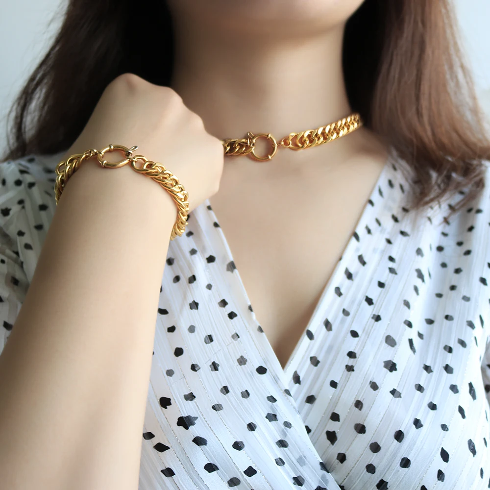 Kalung Choker Chunky Berlapis Emas PVD 18K Baja Tahan Karat untuk Wanita  Kalung Rantai Kuba Tebal