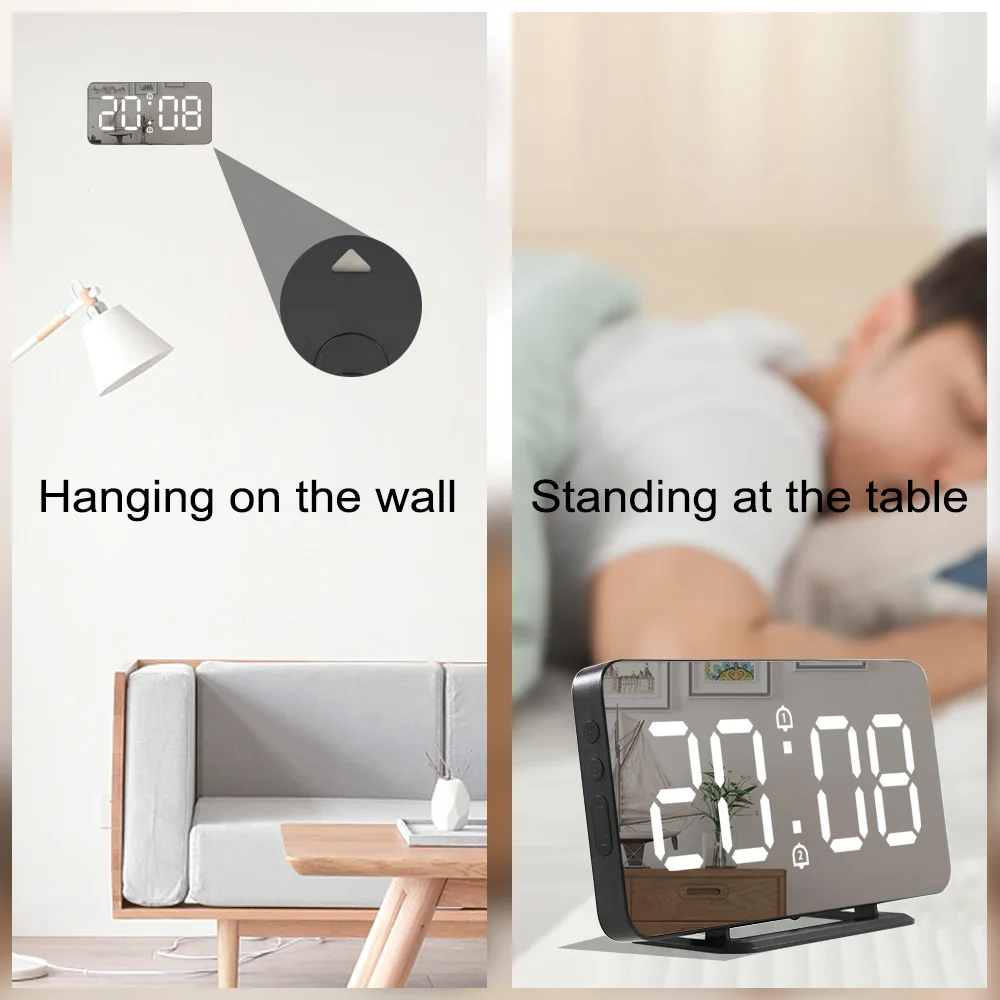 Digital Mirror Alarm Clock LED Electronic Temperature USB Multifunction Nightlight Alarm Clock with Wireless Charger and Speaker