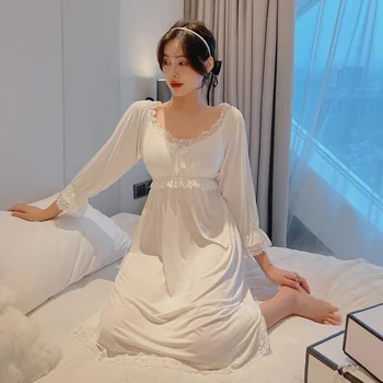 Long Sleeves Autumn Cotton Victorian Style Nightgown One Piece Modal Night Dress Princess Style Pyjamas Nightwear for Women