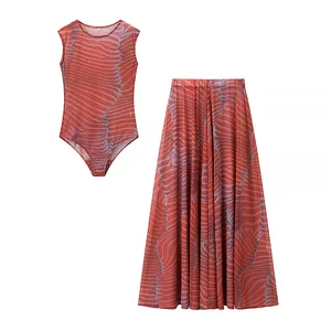 GX3463 Fashion 2026 Women Clothing Vendor Ladies Street Wear Sleeveless Mesh See Through Bodysuit and Long Skirt 2 Piece Set