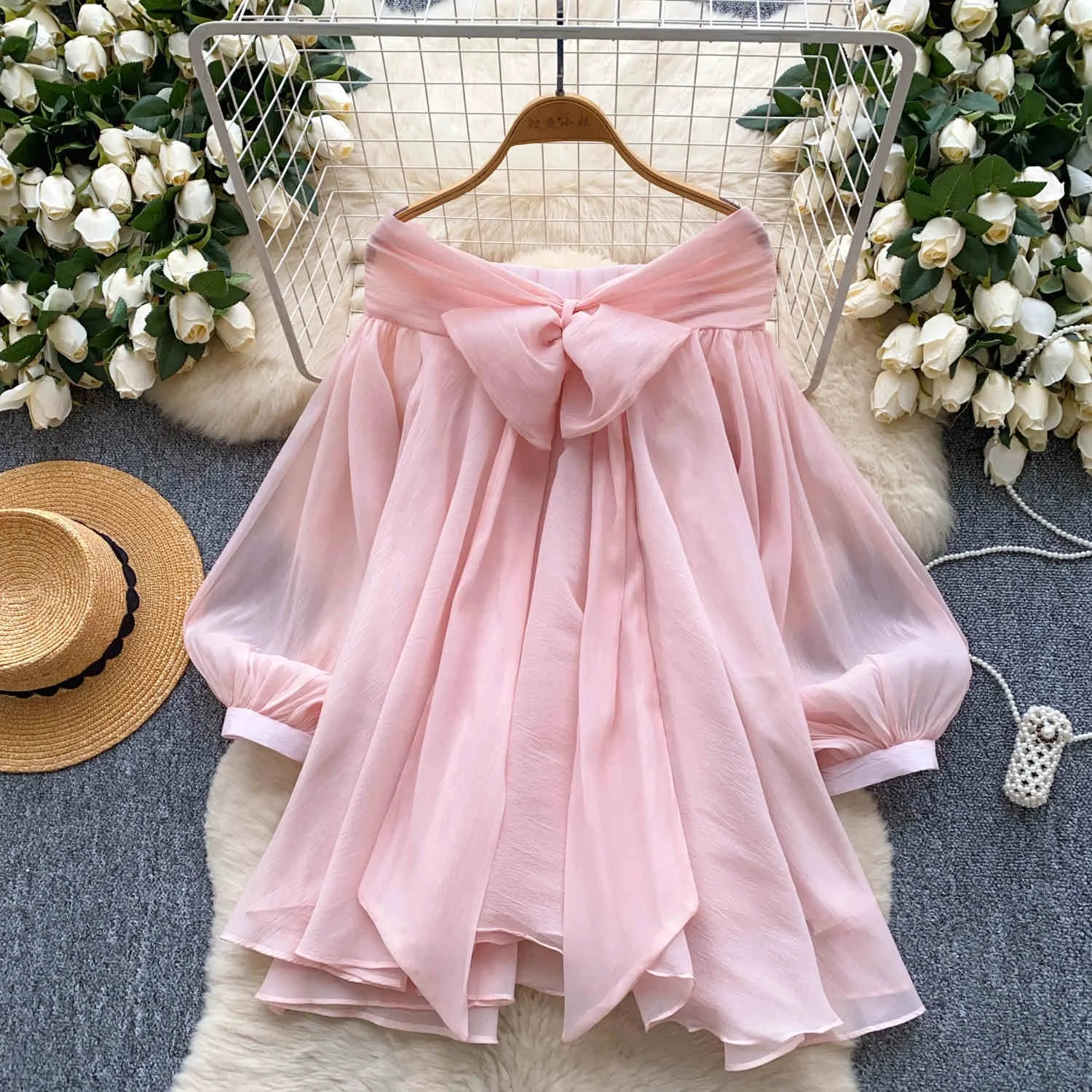 Mulheres soltas arco francês Design lanterna manga malha camisa MIni  vestidos, image size:1500x1500