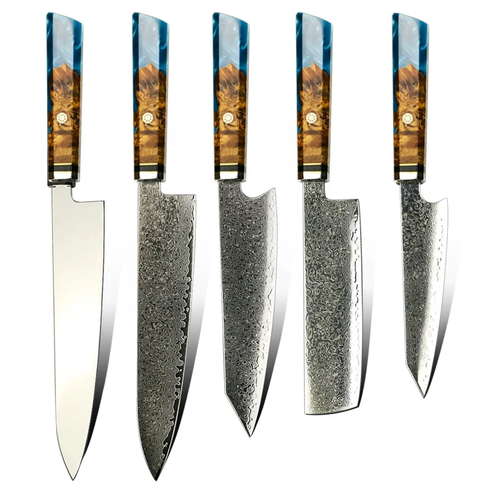 IBO Cuchillo de cocina de acero Damasco cuchillo de cocina japonés de 8  pulgadas, mango octogonal de madera curada de resina de madera  estabilizada