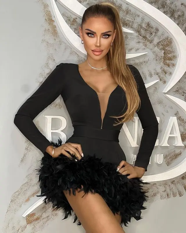 Hot Pink Plunge Neck Long Sleeve Feather Trim Bodycon Mini Bandage Dress  Women's Prom Club Party Wear
