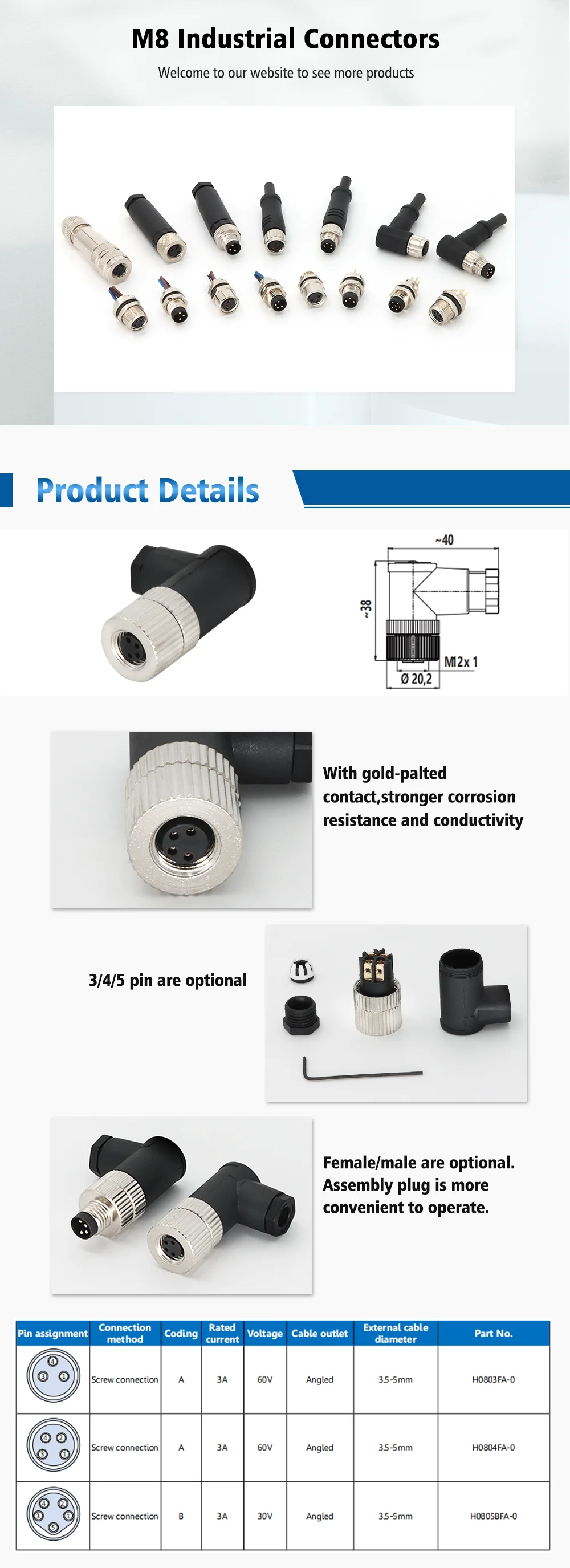 KRONZ Industrial Angled Female M8 Circular Connector Waterproof IP67 Field-wirable 3/4/5 Pin