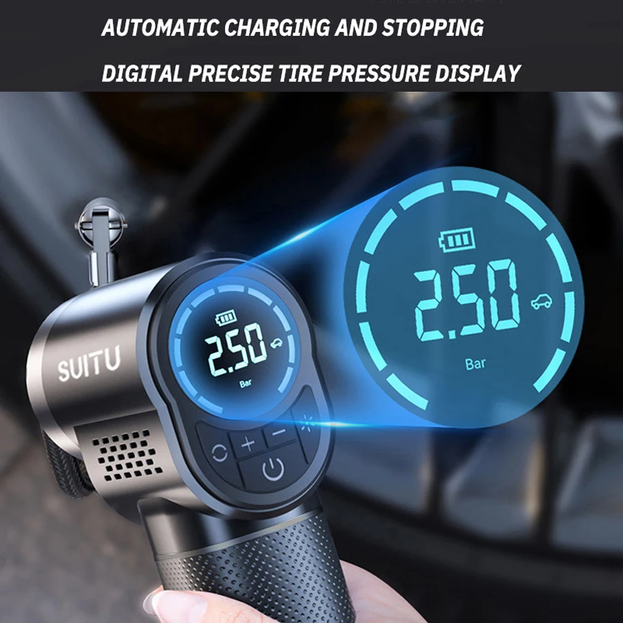 PCMOS ABS Universal Portable Electric Air Compressor Tire Inflator Digital Pressure Gauge Emergency Light Cordless Rechargeable - view 5