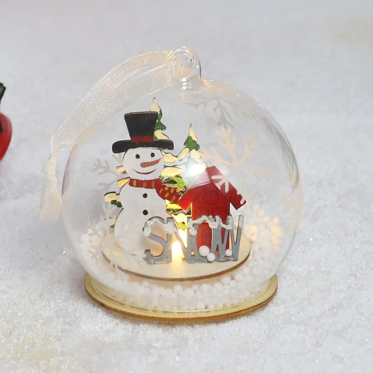 Personalised light up Christmas Tree Bauble Glass Transparent Festival Christmas Ornament Ball with wooden snowman inside supplier