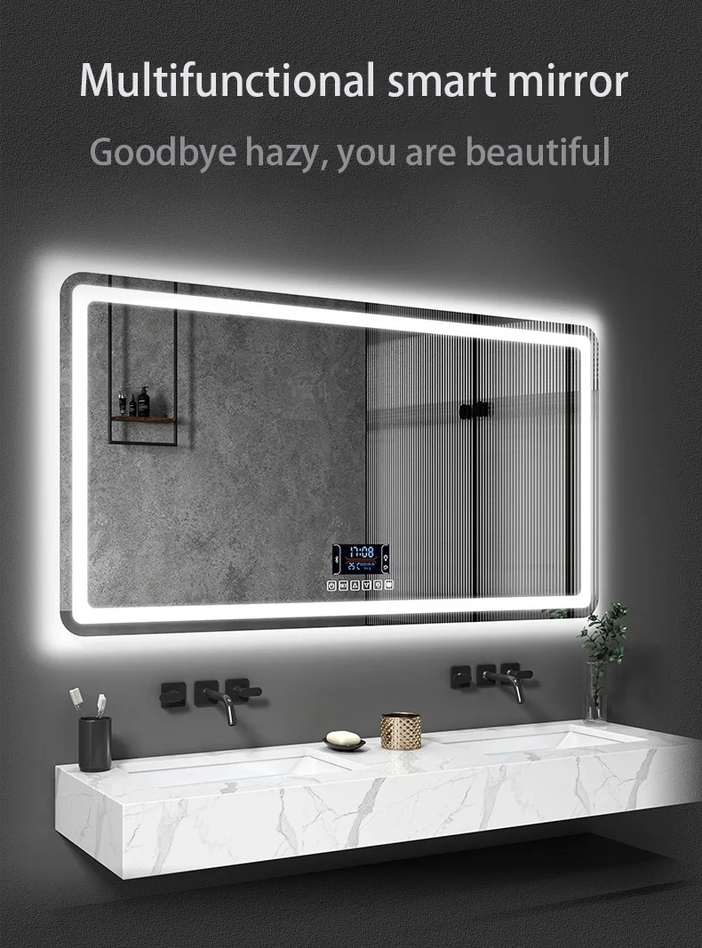 Modern style waterproof time display touch switch screen rectangle intelligent wall mounted led mirror smart supplier