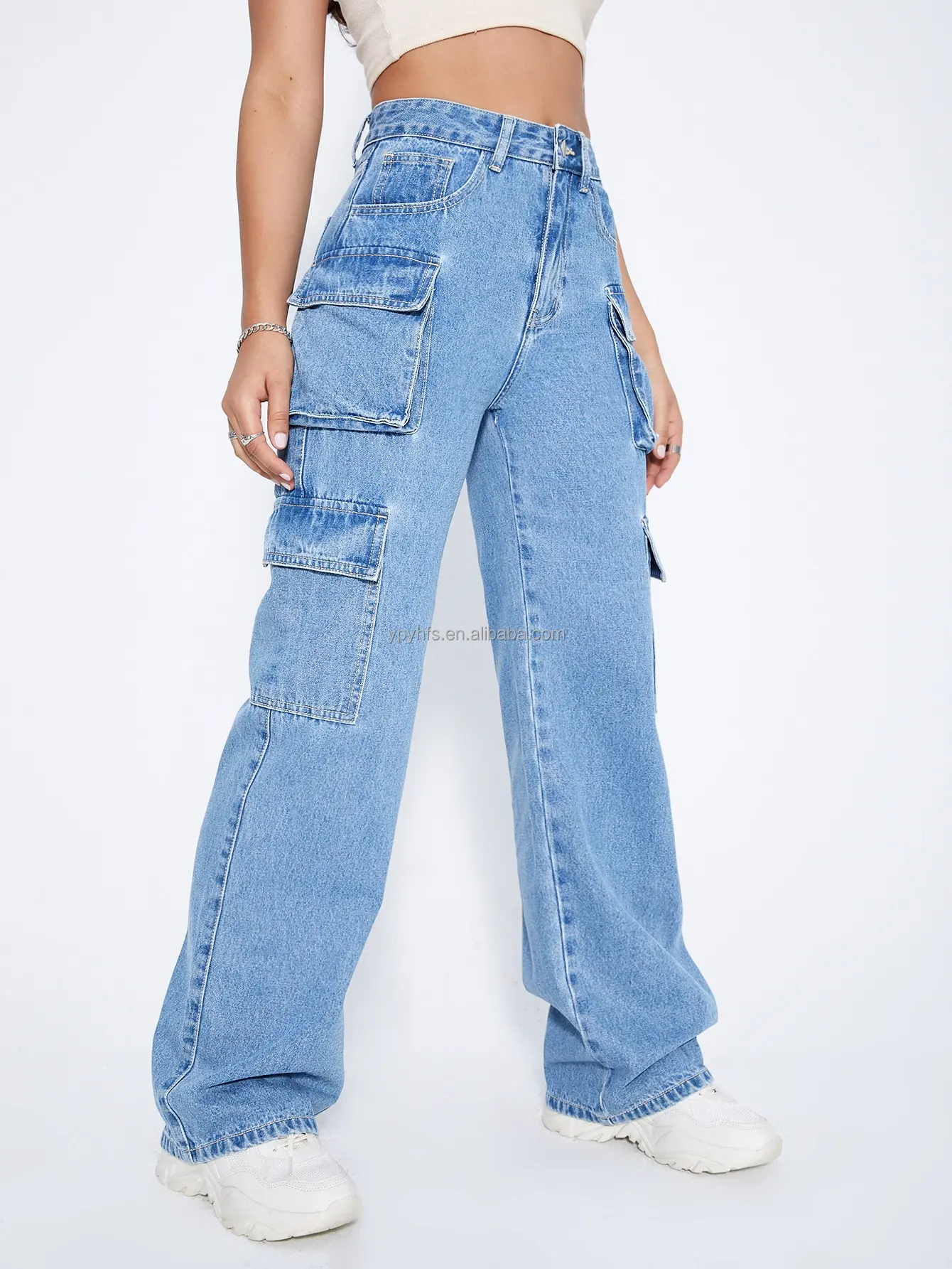 Wholesale High Waist Big Pocket Denim Cargo Pants Jeans Women Pocket ...