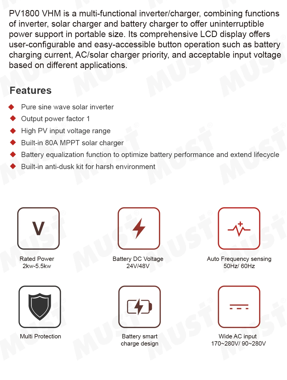 Must 3Kw Hybrid Solar Inverter PV1800 VHM best price in Kenya