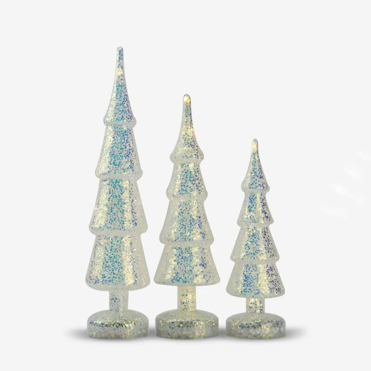 Wholesale set of 3 LED light Christmas tree glass crafts gifts item decoration with shiny glitter