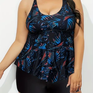 2026 Custom Plus Size Women Bandeau Tankini Two Piece Swimsuit High Waist Tummy Control Leaves Pattern Quick Dry