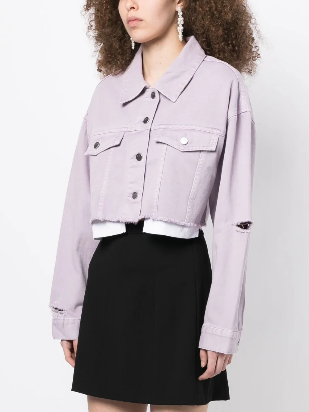 Nouă jachetă denim scurtă cu rupturi, design modern, îmbrăcăminte exterioară spălată, elegantă, casual, ajustată, jachetă denim roz și violet pentru femei