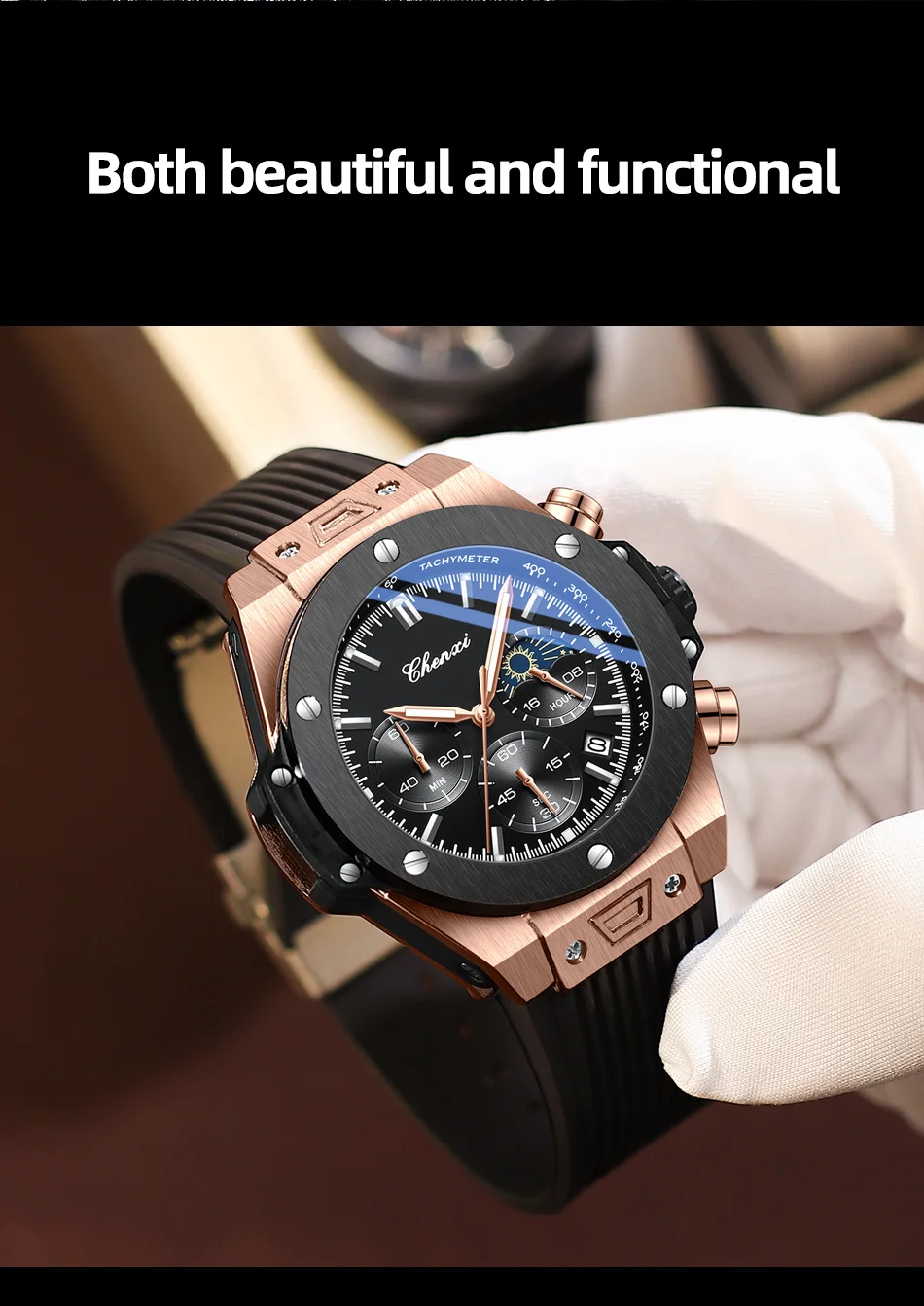 CHENXI 939 Men's Quartz Watch with Rivet Design, Multifunctional