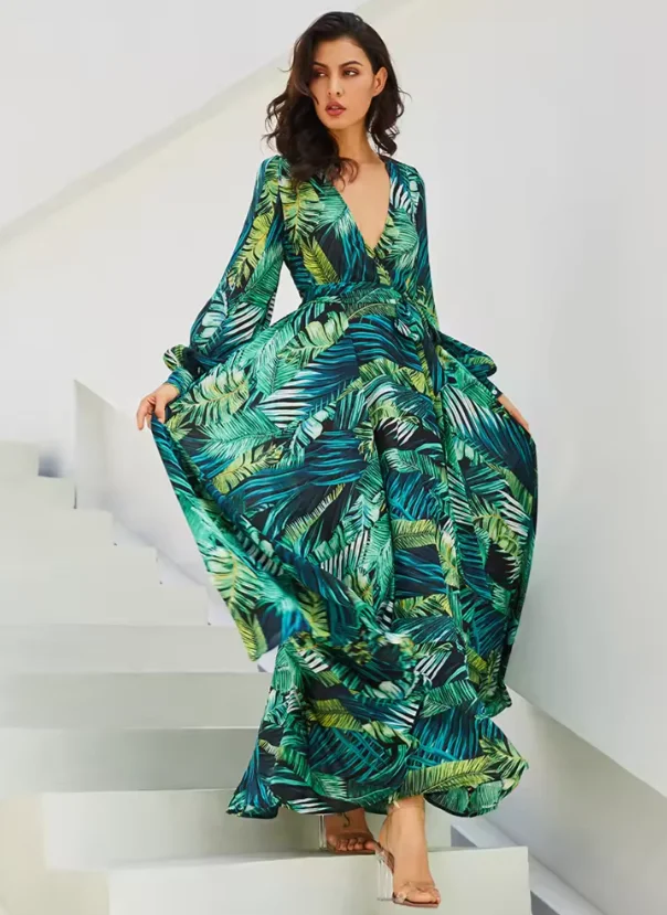 Woman Chiffon Long Sleeve Dresses Printed Vestidos De Verano Plus Size  Floral Summer Dress