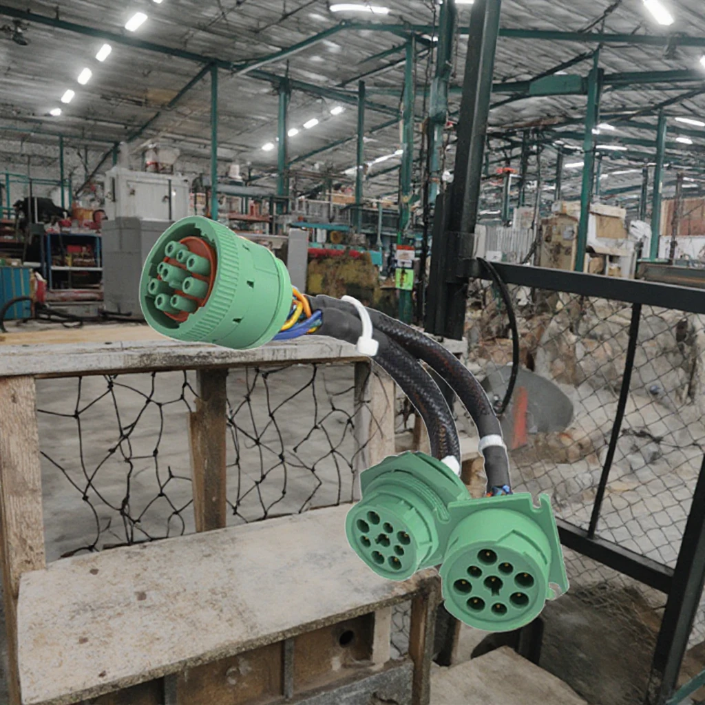 Custom Green J1939 9P Connector Male to Female Y Cable Harness for Trucks PVC Insulation Material