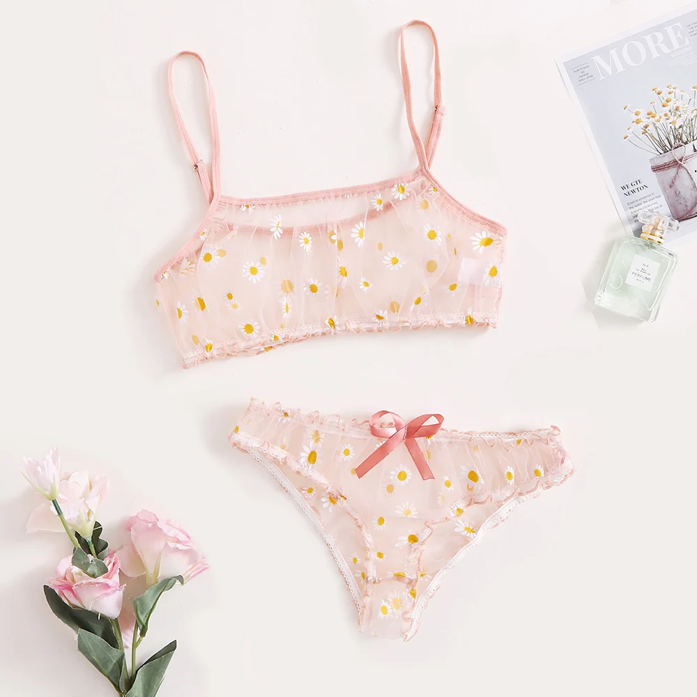 Wholesale High Quality Two Piece Women Sexy Sex Mesh See Through Lingerie- Transparent Chiffon Floral Underwear Lingerie Set With Butterfly From m.alibaba image
