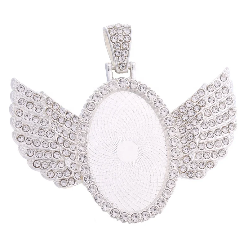 Hiphop Gold Picture Frame Charms Pendant Cabochon Tray with Crystal Angel Wings Oval Blank Bezel & Memory Diamond Made of Alloy