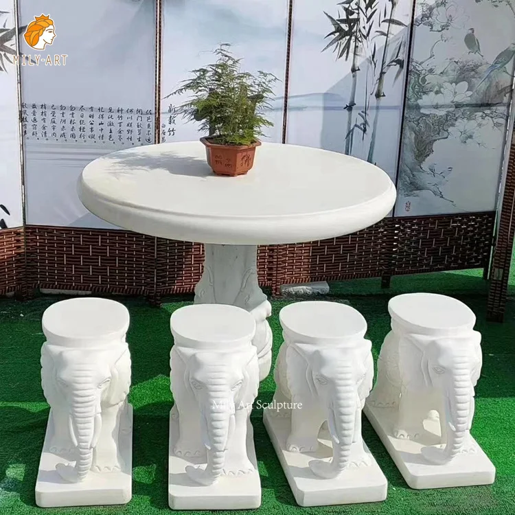 Outdoor Garden Landscaping Marble and Granite Garden Stone Tables with Elephant Statue Stool