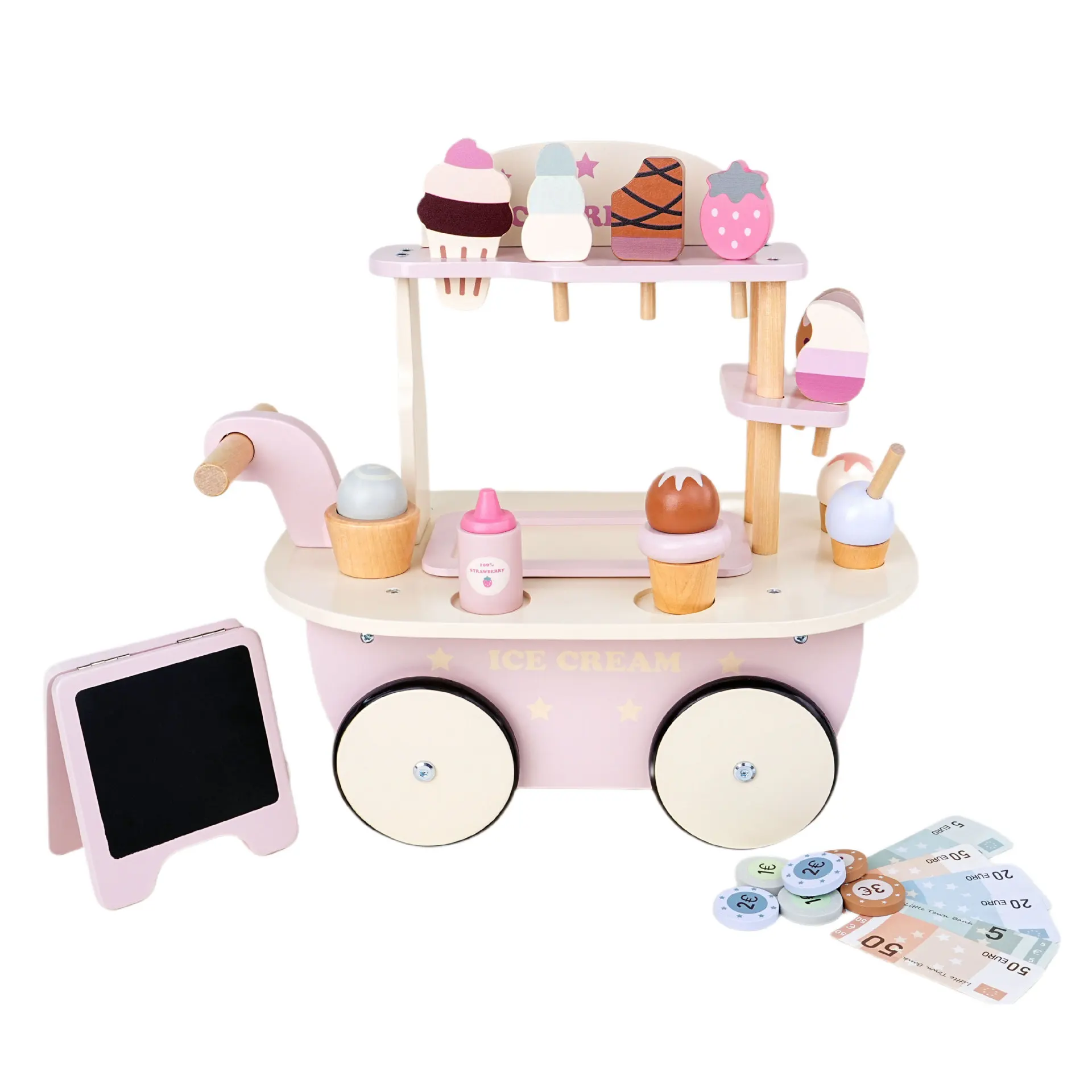 Factory Sale Toddlers Pretend Play Food Truck Play Set Mini Wooden Ice Cream Cart Toys Gift for Kids Girls and Boys 3 Years & Up