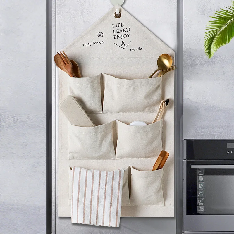 Customized Grid Pattern Cotton Pockets Door Back Storage Organizer Fabric Wall Hanging Storage Bags