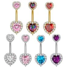10Pcs/Set 14G 316L Stainless Steel Belly Rings for Women Girls  Double Heart Inlays Zircon Navel Rings  Body Piercing Jewelry