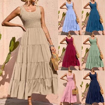 Spring 2024 European and American sundresses shirred paneled A-line hem dress
