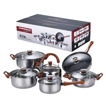 New Stock Arrival 12 Pcs Luxury Non Stick Stainless Steel Cookware Set Pots And Pans Cook Pot Set Cookware With Wooden Handle