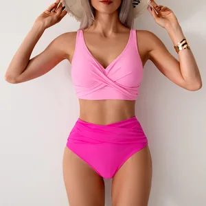 Women's High Waist Bikini Set Solid Color Beach Swimwear with Wide Straps Sexy Push-up Two Piece Swimsuit Flattering Fit