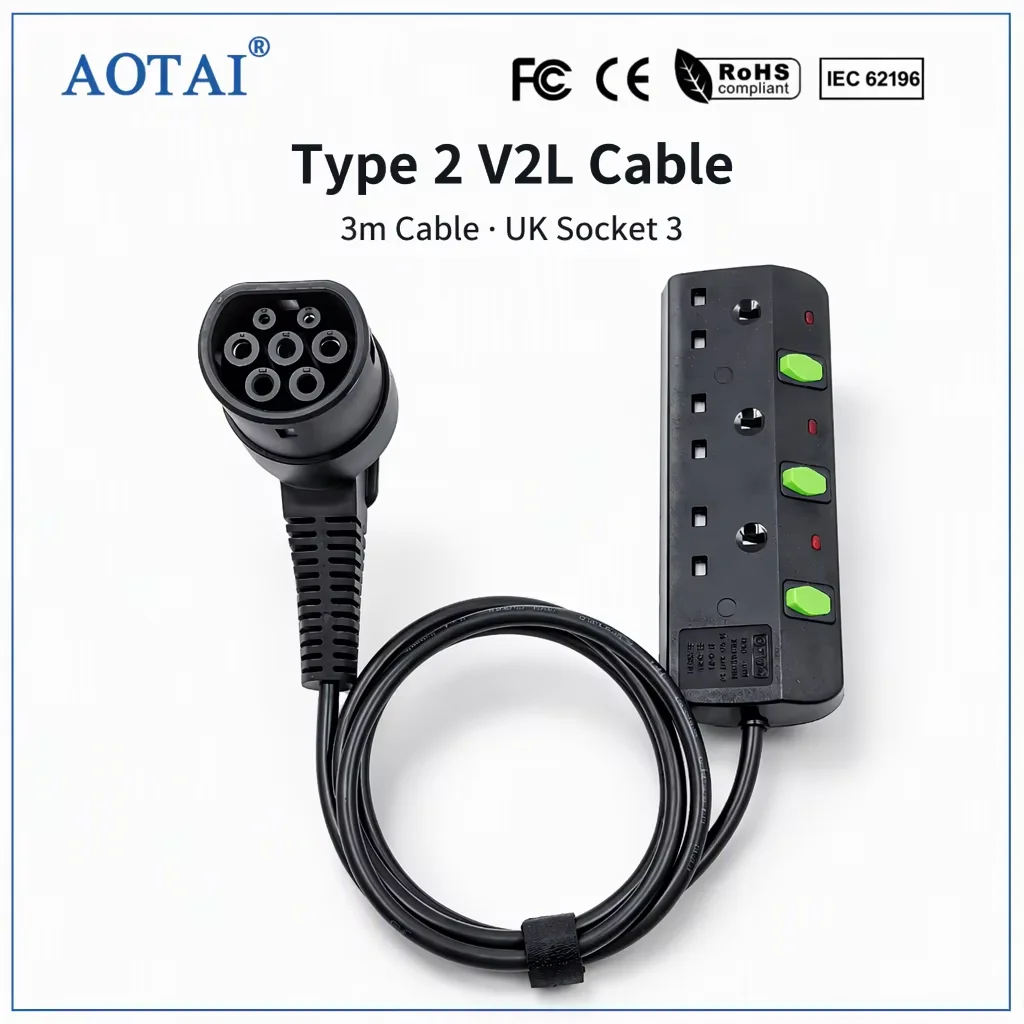 AOTAI Type 2 V2L Cable with UK 3-Way Socket EV Vehicle-to-Load Discharge Cable for BYD Omoda Jaecoo GWM TANK