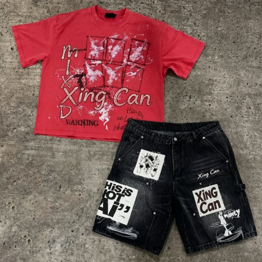 Niestandardowa koszulka T-shirt z kryształkami, zestaw męski w stylu vintage z efektem odbarwienia, ciężka, 100% bawełniana, z nadrukiem DTG, retro, o sylwetce boxy, niestandardowy strój