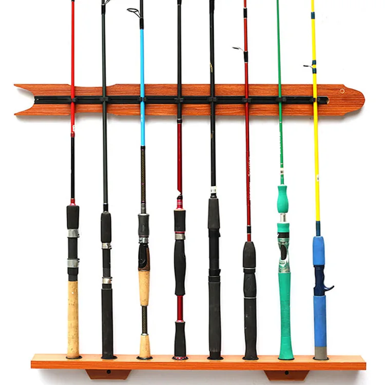 Mount Wooden Custom Racks Hanging Display Holder Stand Mini OEM Vertical 8  Rods Wall Mounted Fishing Rod Rack Lake River Stream