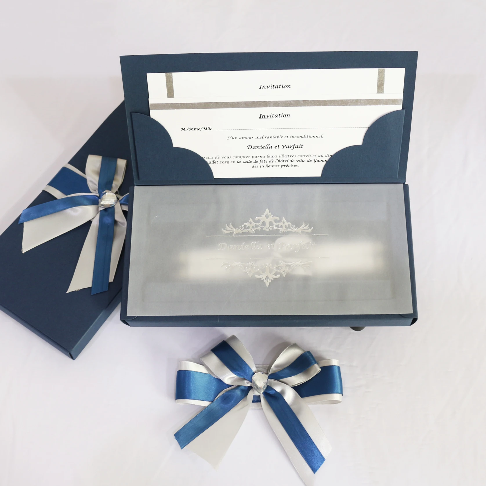 Navy Blue Scroll Wedding Invitation Card With Box and Ribbon and Ribbon Bow, image size:1676x1676