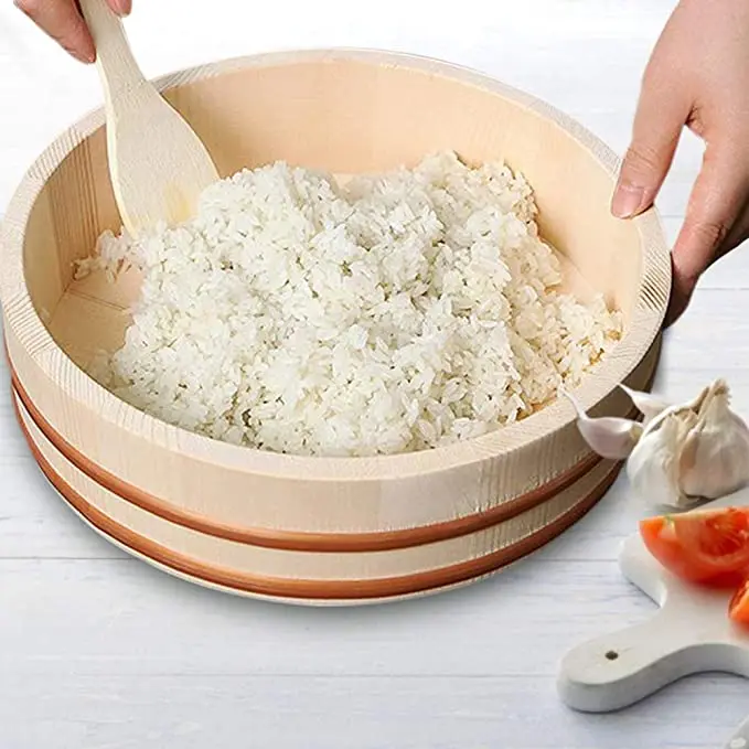 Japanese Restaurant Bibimbap Bucket Wooden Sushi Rice Bowl Hangiri Sushi Oke Rice Mixing Tub