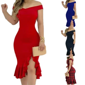 Customize Collarless Ruffled Sleeve Mini Bodycon Evening Dress with Appliques Lace Backless Design Summer Polyester/Cotton