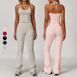 OEM Women's Sports Sets 2-Piece Halter High Stretch Yoga Set Flared Padded High Waist Pilates Gym Active Wear Breathable Nude